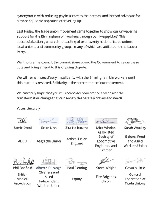 The full text of this letter can be read by clicking the link in the post: https://bit.ly/BrumBinStrikeLetter