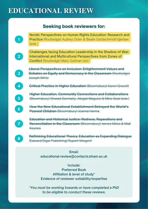 Background border of blue book covers on shelves, with the Educational Review journal title in white text at the top. The heading of a white text box reads ‘Seeking book reviewers for:’, followed by a list of books for which the Educational Review journal is seeking reviewers and the process for interested reviewers. For the full list and instructions in an accessible format please contact the editorial office: educational-review@contacts.bham.ac.uk