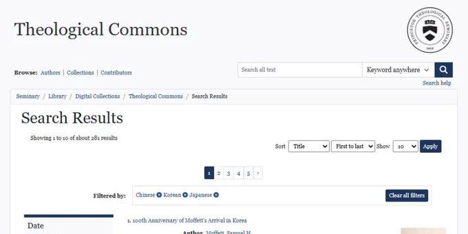 screen snip of a page of search results in the Theological Commons digital library filtered to Chinese, Japanese and Korean language materials
