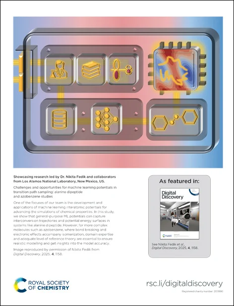The back cover of Digital Discovery issue 5. Glowing glass and metal icons organized in GPU layout and emphasizing concepts of the paper, against pink and blue