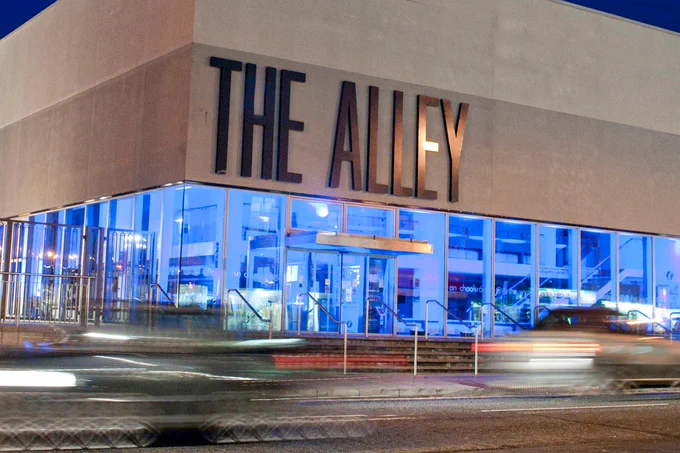 The Alley lit up blue 
