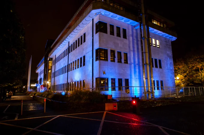 Council offices lit up blue 