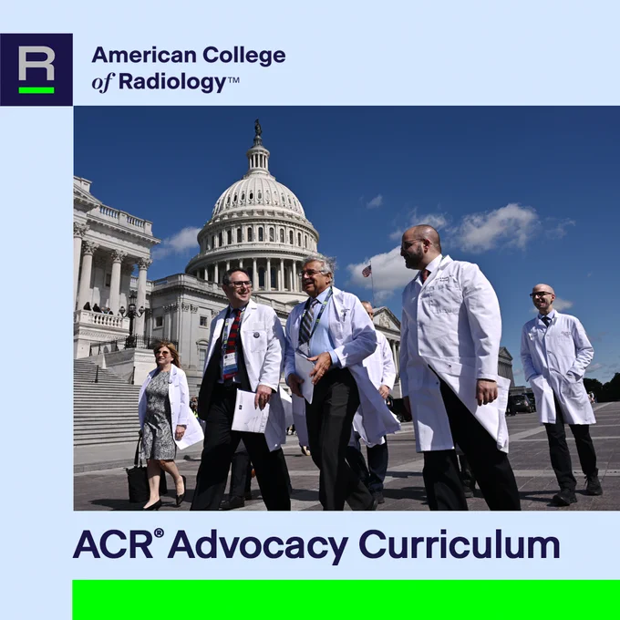 Group of medical professionals affiliated with the American College of Radiology walking in front of the U.S. Capitol Building as part of the ACR Advocacy Curriculum program.