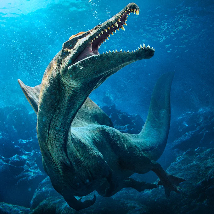 A Spinosaurus is shown swimming underwater with its jaws open and large teeth on display.