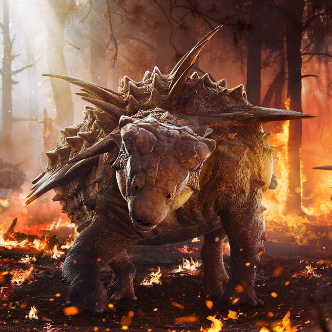A Gastonia is shown standing in a burning forest.