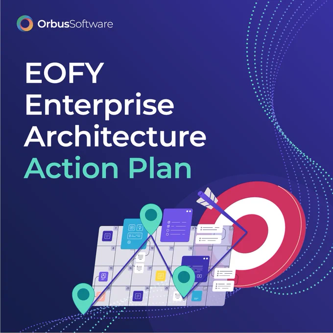 A promotional graphic by Orbus Software titled 'EOFY Enterprise Architecture Action Plan' on a dark blue background with dotted wave-like design elements. The image includes an illustration of a calendar with map pins connected by a line graph and a red target with arrows hitting the bullseye, symbolizing strategic planning and goal achievement.