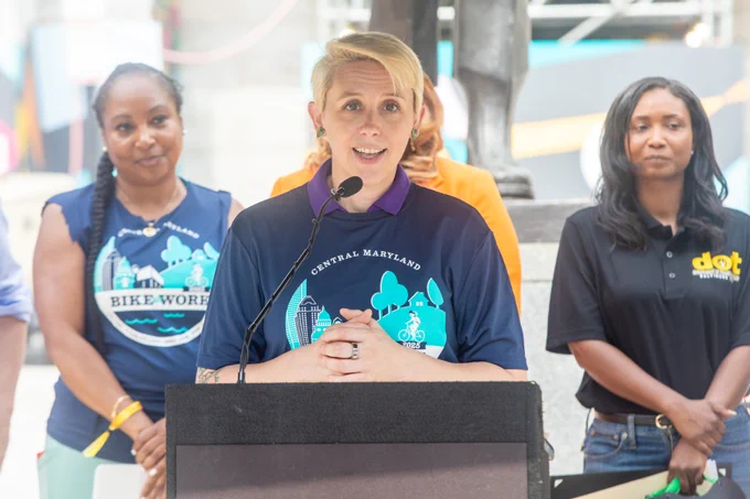 MTA Administrator Holly Arnold speaks at the Bike to Work event 