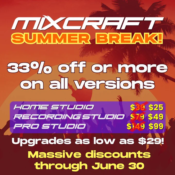 It's time for MASSIVE savings during our Mixcraft Summer Break Sale, which runs now through June 30th. Get the details at acoustica.com/news/catch-the-wave-of-huge-mixcraft-savings. New to Mixcraft DAW, Rent-to-Own, and Upgrades to Mixcraft 10.6 are all at some of their lowest prices ever!