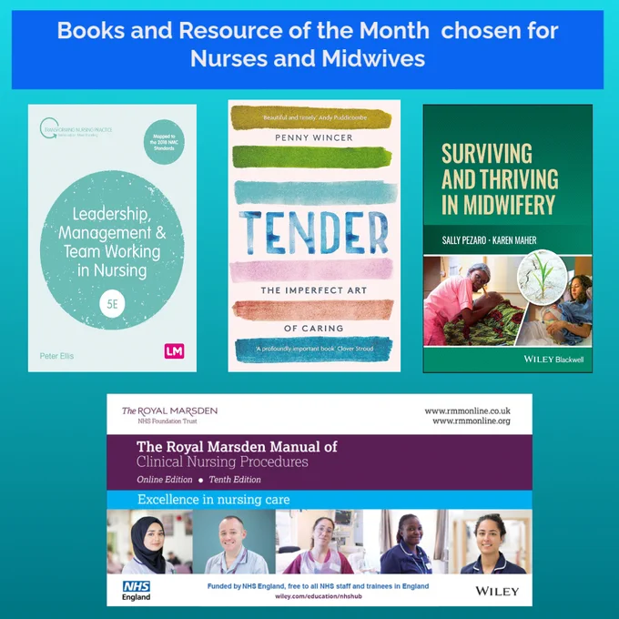 May Books of the Month cover images
 Book of the month
Surviving and thriving in midwifery by Sally Pezaro and Karen Maher

ebook of the month
Leadership, management & team working in nursing
by Peter Ellis

Wellbeing book of the month
Tender : the imperfect art of caring by Penny Wincer
Find them all by searching https://homerton.koha-ptfs.co.uk/
Resource of the Month: Royal Marsden Manual of Clinical Nursing Procedures  - online version - find it via the link on our intranet page or via OpenAthens