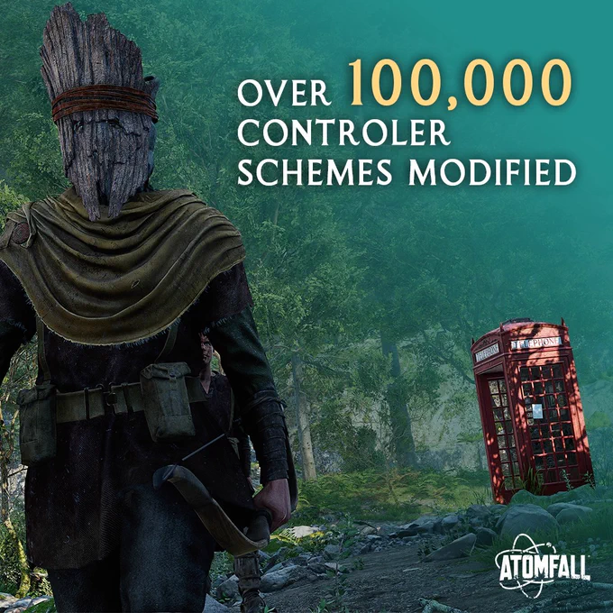 A character with a wooden mask and cape stands in a lush green forest, walking towards the viewer. Behind them is an iconic British red telephone box from the video game Atomfall. Text overlay reads "Over 100,000 Controller Schemes Modified."