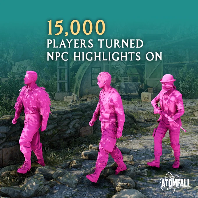 Image for Atomfall featuring three neon pink figures representing NPCs walking in a forest environment, with a statistic highlighting '15,000 players turned NPC highlights on'.