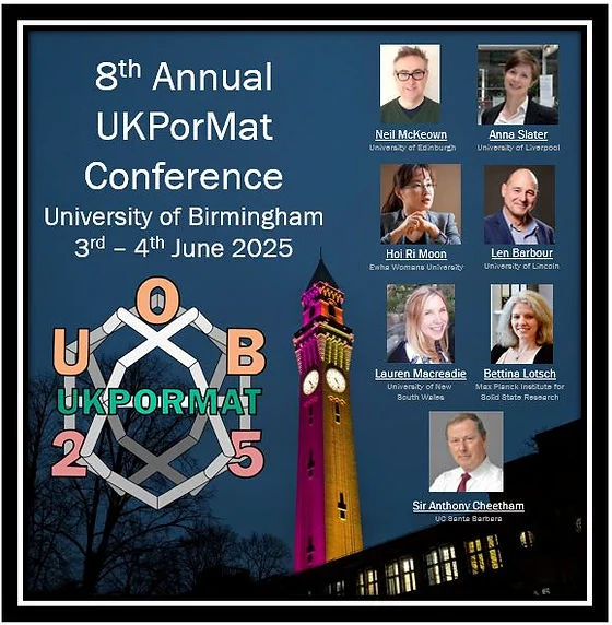 The conference flyer for the 8th Annual UKPorMat Conference at the University of  Birmingham on 3rd and 4th of June. There's a snazzy logo bottom left, the campus clock in the middle, and photos of our 7 invited speakers on the right, whose names are on the linked webpage. They're all great!