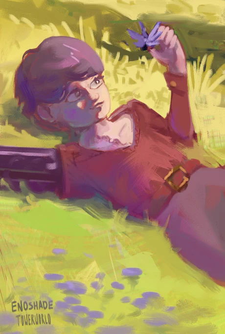 A boy with a metal arm lying down in a field of grass with a 6-winged violet butterfly perched on his thumb.