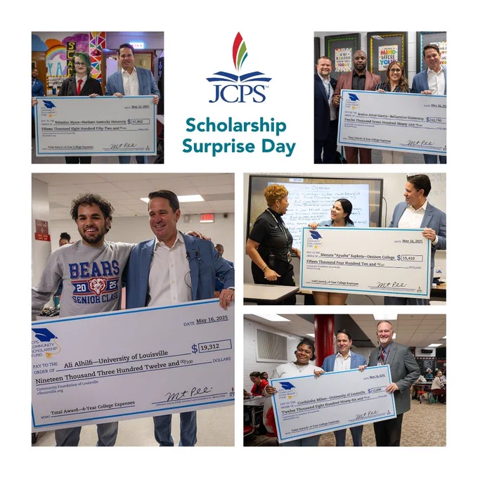 Photo collage of JCPS Scholarship Surprise Day.