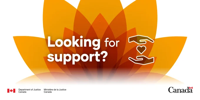 Graphic featuring layered orange petals forming a lotus-like shape in the background. Overlaid text reads: “Looking for support?”. Logos for the Department of Justice Canada and the Government of Canada are included at the bottom.