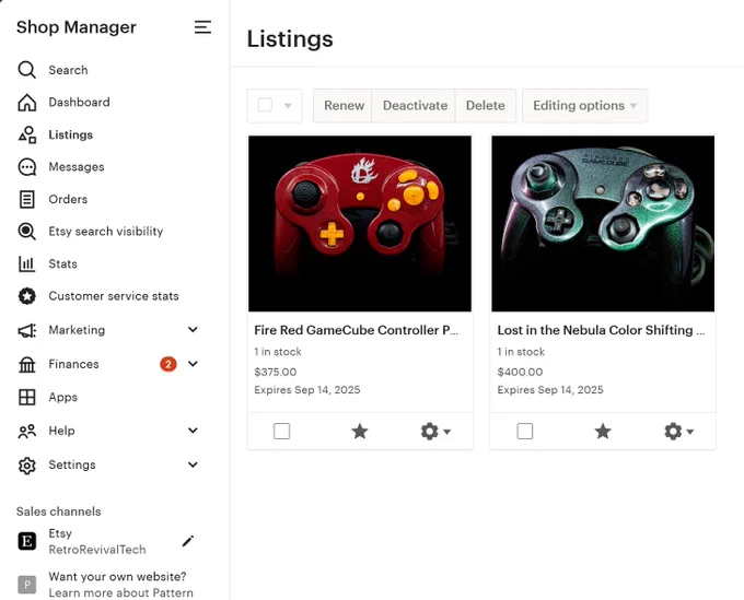 picture of our listings on etsy, including the fire red phob and the green / purple color shifting phob gamecube controller