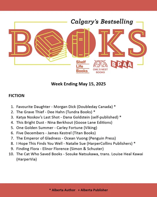 Calgary Bestseller List for the week ending  May 15, 2025. A PDF of the list can be found on our website through the following URL: https://bookpublishers.ab.ca/programs/calgary-bestseller-list/