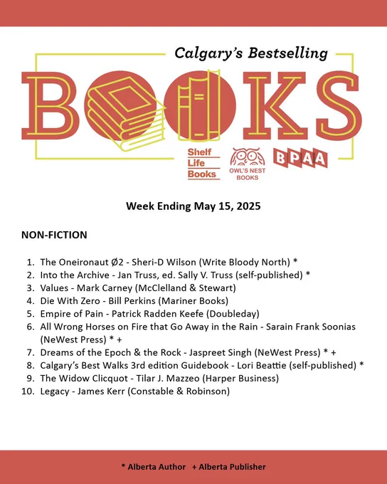 Calgary Bestseller List for the week ending  May 15, 2025. A PDF of the list can be found on our website through the following URL: https://bookpublishers.ab.ca/programs/calgary-bestseller-list/