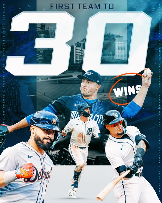 First team to 30 wins
Detroit Tigers
Pictured: An assortment of cutouts of Tarik Skubal, Gleyber Torres, Riley Greene, and Javier Báez wearing Tigers uniforms.