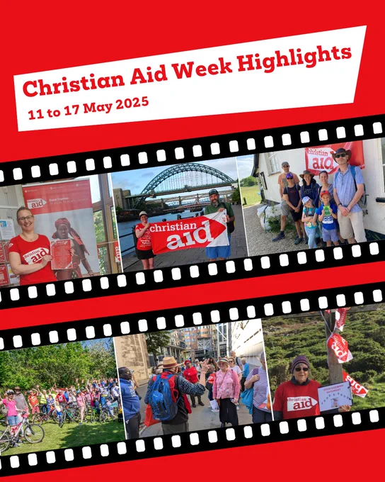 Graphic with lots of photos from supporters doing things for Christian Aid Week in a film roll style
