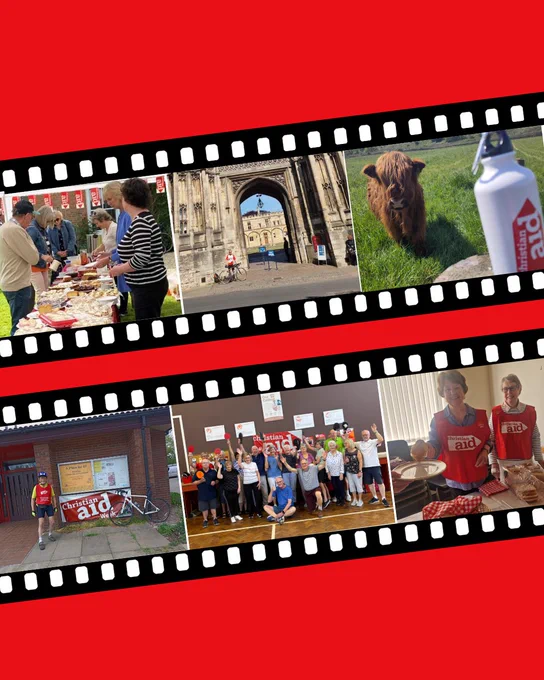 Graphic with lots of photos from supporters doing things for Christian Aid Week in a film roll style