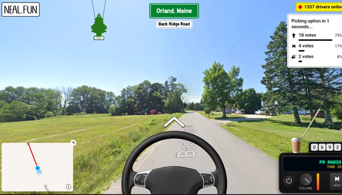 This image is a screen capture from the Internet Road Trip game, showing a driver's-seat view from a Street View car traveling down a road in Orland, Maine.