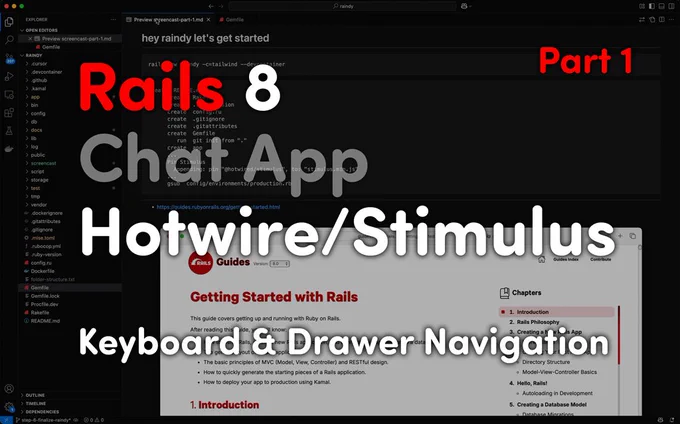 Welcome to Part 1 of my Rails 8 Chat App series!

In this first episode, I walk you through the initial setup of Raindy — a minimalist Rails 8 chat app using:
- Tailwind CSS
- Hotwire (Turbo   Stimulus)
- A fully accessible drawer-based UI
- Rails Authentication (the new rails g authentication)

We’ll explore:
- Setting up Rails with UUIDs and Tailwind
- Building an accessible drawer using dialog and Stimulus
- Adding a main navigation dropdown with full keyboard support
- Structuring your Rails app using concerns, Turbo Frames, and Stimulus controllers
- First glance at the chat model and scaffold setup

If you're starting a modern Rails app and want a clean, accessible UI — this is for you.