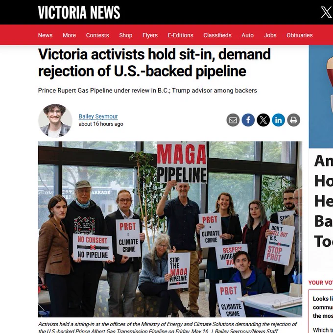 Image of Victoria News on line article "Victoria activists hold sit-in, demand rejection of US-backed pipeline." Group of about 10 people holding signs.