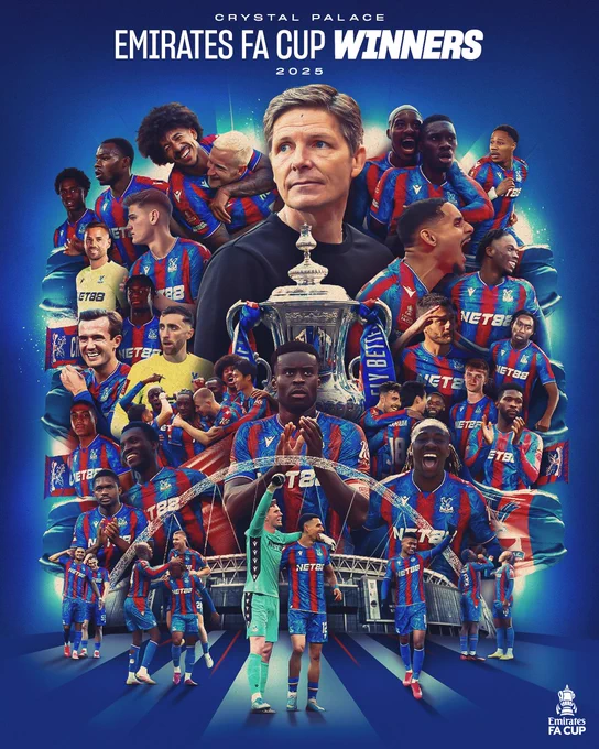 A graphic celebrating Crystal Palace as the 2025 Emirates FA Cup winners