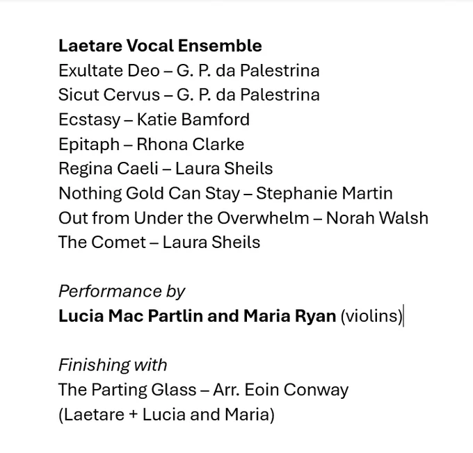 List of pieces by composers including Palestrina, Katie Bamford, Laura Sheils, Rhona Clarke, Stephanie Martin, Norah Walsh. 
