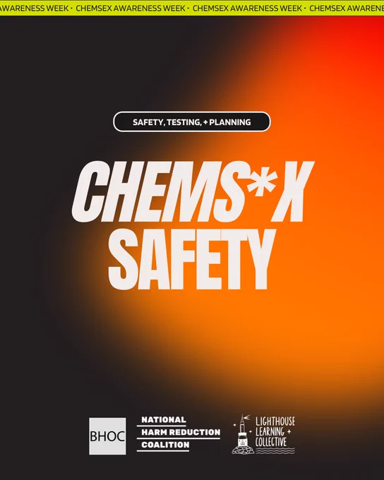 A promotional graphic with a red-black gradient that reads: “Chemsex Safety, safety, testing, planning.” The logos for Building Healthy Online Communities, National Harm Reduction Coalition, and Lighthouse Learning Collective are on the bottom.