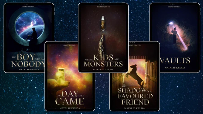 A graphic with blue space background and five tablets with different covers. 
Left: A person sitting in a big round window and looking out the window at a blue spacey scenery. Title: The Boy Who Had Nobody.
Bottom left: Yellow spacey cover with dark purples in the background. A rock formation is sticking into space on it is a many-rayed star. On top of the rock stands a doorframe with yellow fog emitting from it. Title, The Day They Came.
Top middle: Murky river seen from above with the reflection of a starry sky in it.A small boat with a person in the back and a giant crocodile stalking the boat. Title: Where Kids Are Monsters.
Bottom right: Stable with a rearing horse shadowed in the door which has yellow spacey light. Title: The Shadow of a Favoured Friend.
Top Right: Cavern scene with a ray of light and a women reaching for it. Title: Vaults