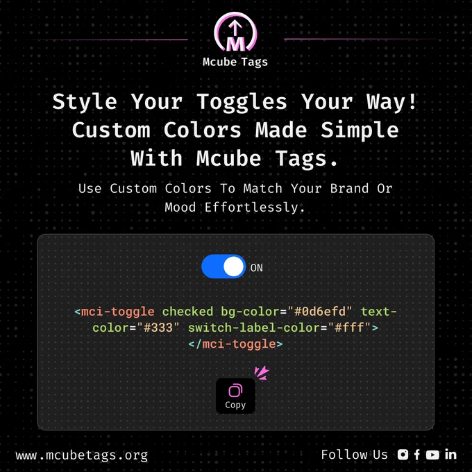 A custom toggle component with a blue background, dark text, and white switch label, created using MCI Toggle's color attributes.

