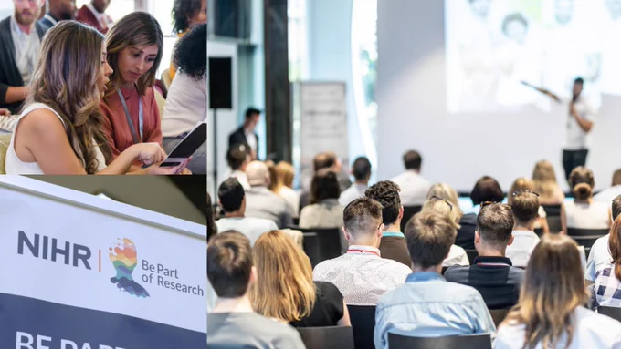 Three images. First is two women reading a booklet at a conference. Second is the NIHR Be Part of Research logo on a banner. Third is a speaker addressing delegates at a conference.