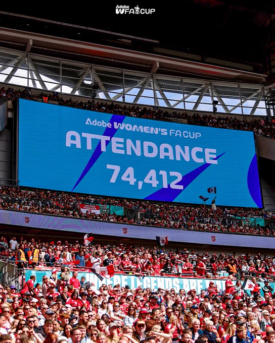 An image of the crowd with a sign saying 'Attendance: 74,412'