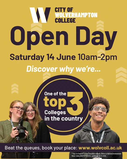 Promotional poster for City of Wolverhampton College Open Day on Saturday 14th June from 10am-2pm, featuring three smiling individuals, one holding a camera. Text highlights the college as one of the top 3 in the country and encourages booking at www.wolvcoll.ac.uk.