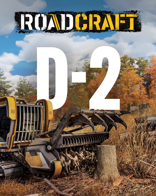 A powerful forestry machine prepares to clear a tree stump, with "ROADCRAFT" and "D-2" boldly displayed in the background.