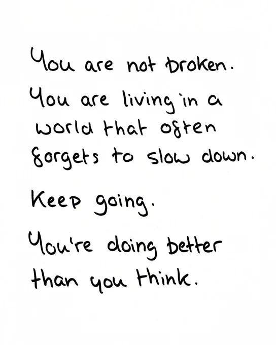 You are not broken. You are living in a world that often forgets to slow down. 

Keep going. 

You are doing better than you think.