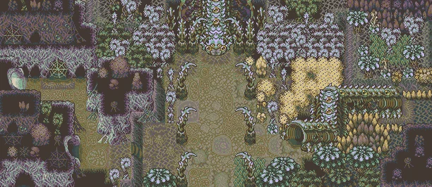 An oterhwordly overgrown Mold forest, with many cobwebs and giant spore-based plants. Many empty exuvias and insect parts can be seen around from giant arthropod-like creatures, long gone. To the center of the forest, a giant armored worm-like creature can be seen.