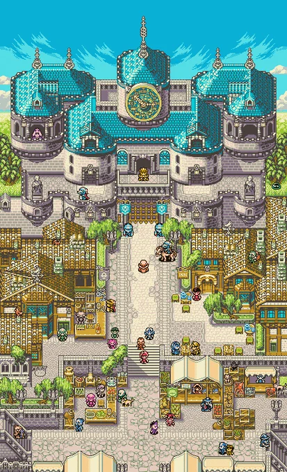 A top-down view of a few streets from a castle town. To the south, the market plaza is seen bustling with life and vendors. A stone-paved promenade to the north, coasted by old and noble houses and shops leads to the Castle. The central top tower showcases a giant clock.