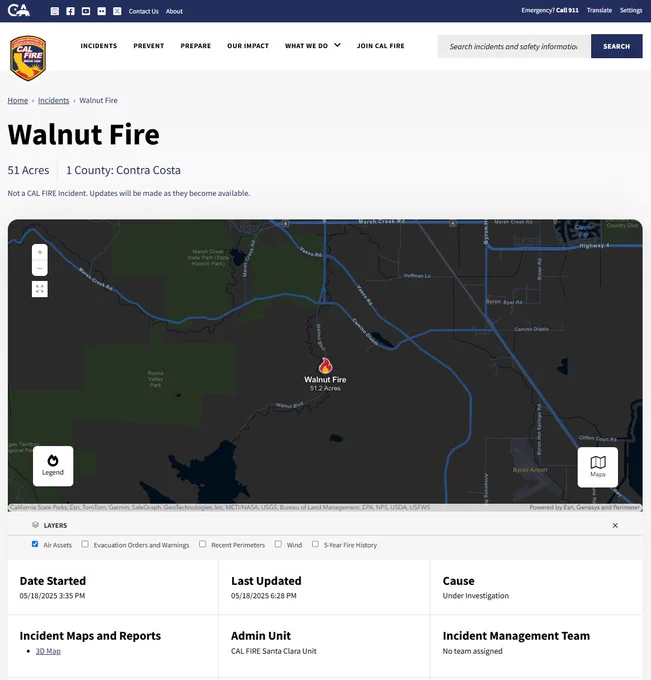 Picture of CAL FIRE Public Website Incident Information Page for the Walnut Fire.