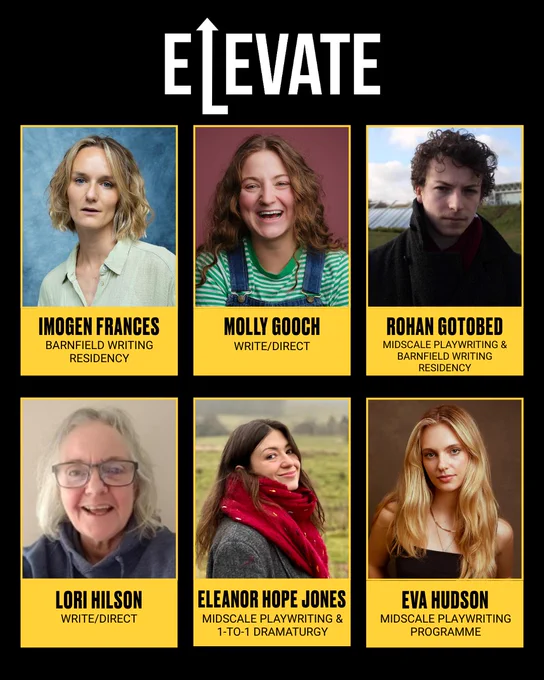 Black background, headed by the white ‘Elevate’ logo with an upward-facing arrow in place of the ‘L’. Six writers’ headshots in yellow frames with their names underneath, and the programmes which they’ve been offered.
