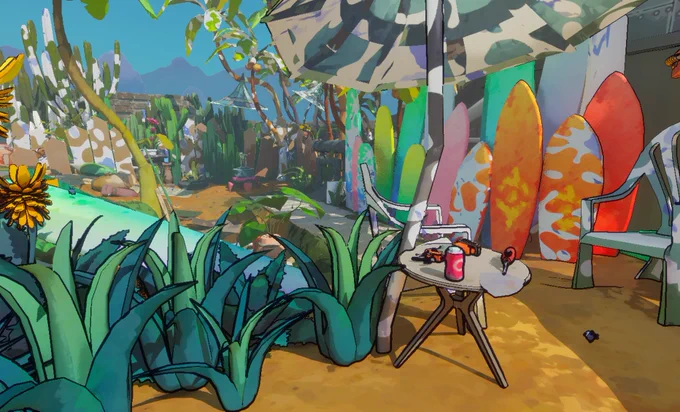 A picture of the environment in the game Palette Cleanser. Green plants on the left, a table with instruments and a can of cola on the rights, and an umbrella and surfboards in the back.