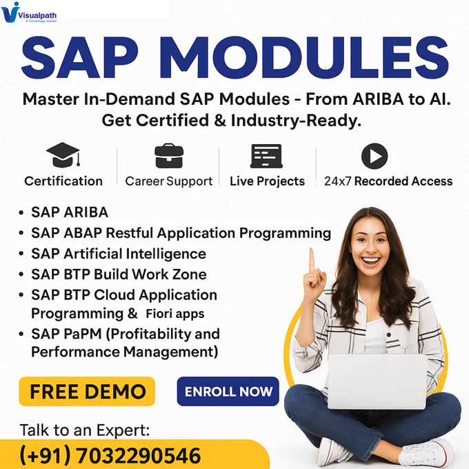 🚀 Master In-Demand SAP Modules — From ARIBA to AI!
Ready to boost your career with the latest SAP technologies? Learn from industry experts at Visualpath and get certified with real-time projects, hands-on sessions, and 24×7 recorded access.

📚 Modules Covered:
✅ SAP ARIBA
✅ SAP ABAP Restful Application Programming
✅ SAP Artificial Intelligence
✅ SAP BTP Build Work Zone
✅ SAP BTP CAP   Fiori Apps
✅ SAP PaPM (Profitability & Performance Management)

🎓 Includes:
✔ Certification
✔ Career Support
✔ Live Projects
✔ 24x7 Recorded Access

📞 Talk to an Expert:  91 7032290546
🔗 Free Demo & Enroll Now
🌐 Visit: https://www.visualpath.in/sap-artificial-intelligence-training.html 
💬 WhatsApp: https://wa.me/c/917032290546
📝 Blog: https://visualpathblogs.com/category/sap-ariba/ 

Start your SAP journey today with Visualpath – Trusted by Professionals Worldwide!

#SAPTraining #SAPModules #SAPBTP #SAPABAP #SAPAI #SAPPaPM #SAPAriba #FioriApps #CAP #SAPCareer #OnlineSAPTraining #Visualpath #Learn
