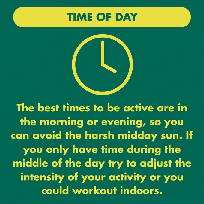 Graphic with a green and yellow theme titled 'Time of day'. It features a clock icon and text "The best times to be active are in the morning or evening, so you can avoid the harsh midday sun. If you only have time during the middle of the day try to adjust the intensity of your activity or you could workout indoors.