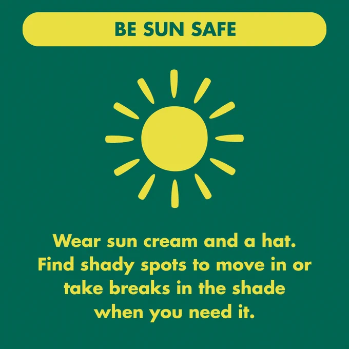 "Be sun safe" graphic featuring a bright sun icon at the top, with advice to "Wear sun cream and a hat. Find shady spots to move in or take breaks in the shade when you need it". The background is green with yellow text.