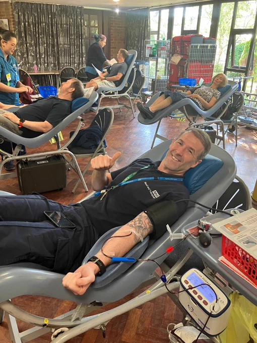 Steve Kuypers, one of our blood delivery drivers, seen in the donation chair, making his first ever blood donation.