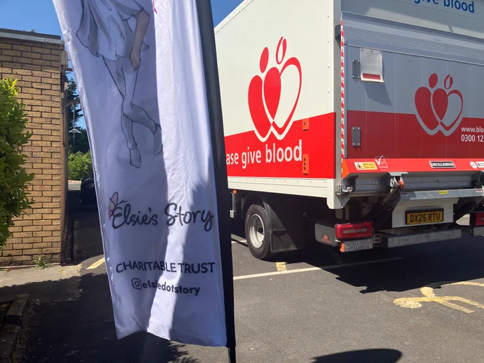 A banner supplied by the Elsie's Story charity, outside the blood donation session held in her memory.
