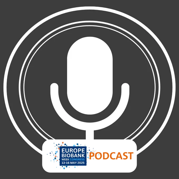 Grey and white microphone images with the Europe Biobank Week Congress logo on top and the word 'podcast'