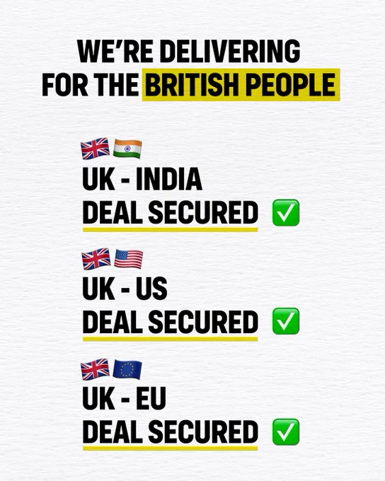 We’re delivering for the British people. UK-India deal secured. UK-US deal secured. UK-EU deal secured.  